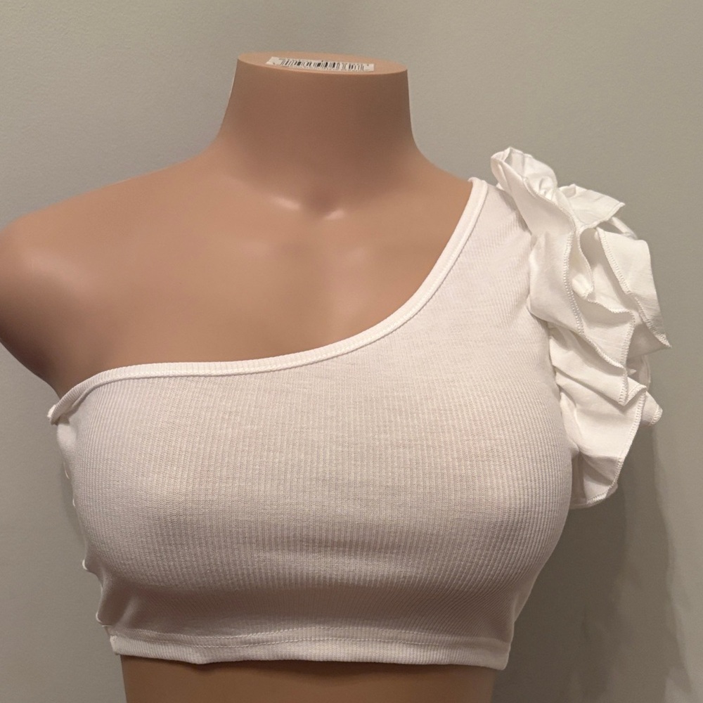 SHEIN White One-Shoulder Ruffle Crop Top